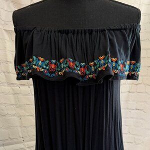 Madisoney Black Embroidered Off-Shoulder Midi Dress | Boho Floral